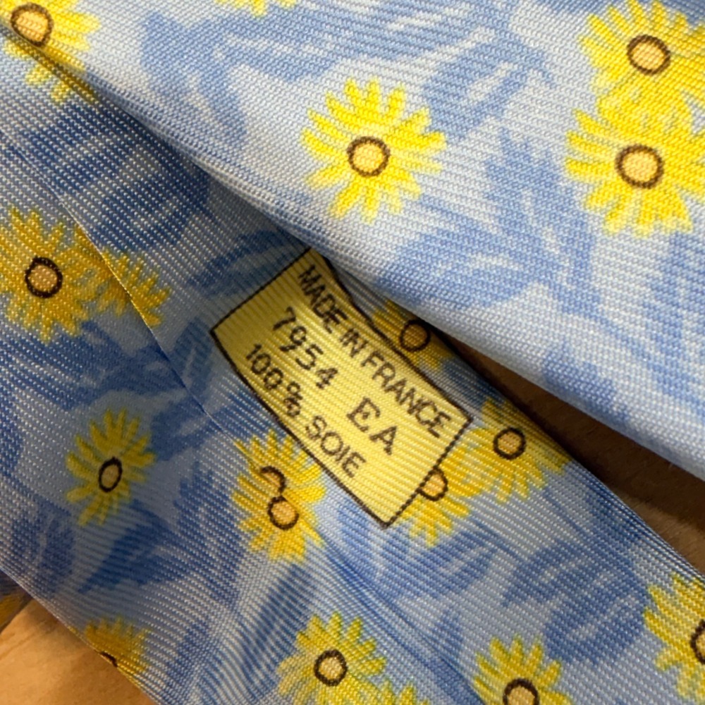 Hermes Silk Tie One Size Blue Excellent Sunflower Floral Pattern Luxury France - Picture 2 of 7